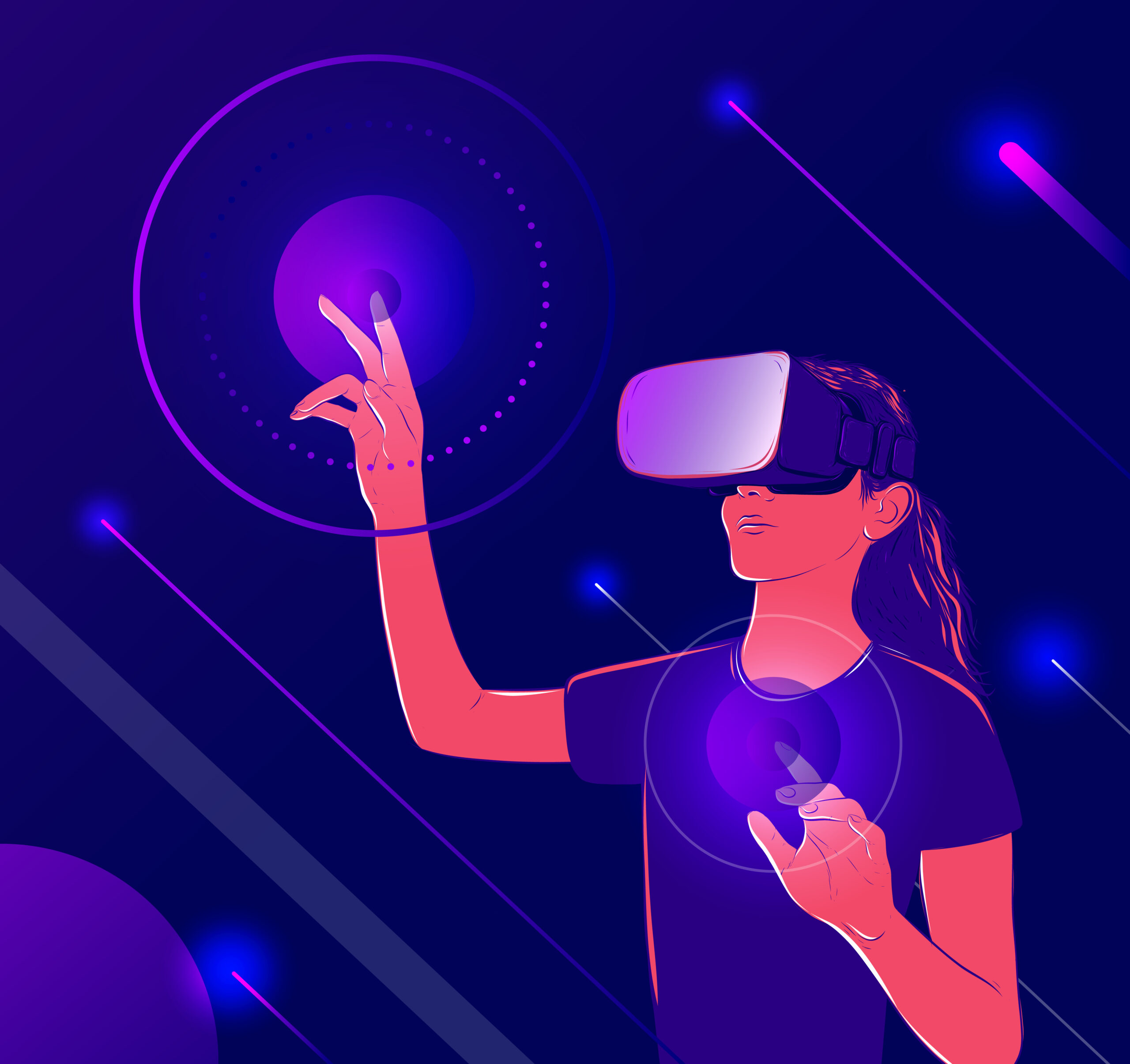 Metaverse digital cyber world technology,  a woman holding virtual reality glasses around.