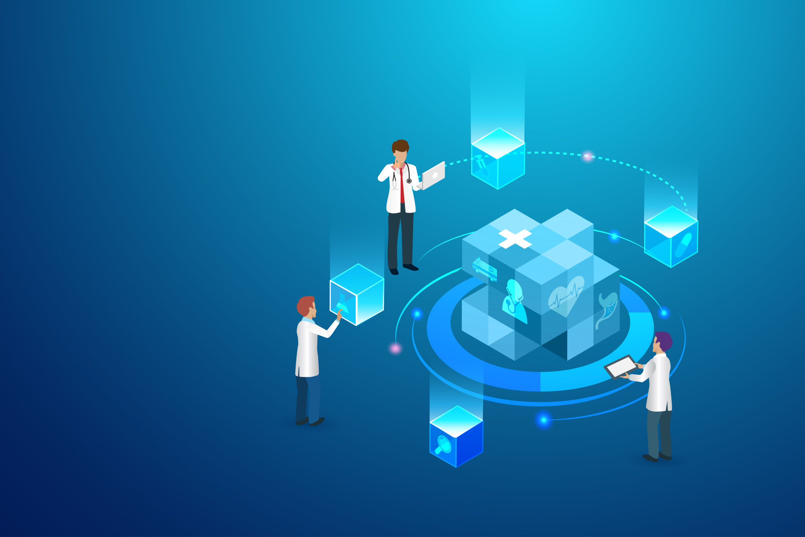 Doctor team with 3D block chain network technology research and diagnosis patient illness. Medical innovation technology and digital healthcare service develop patient treatment and people wellbeing