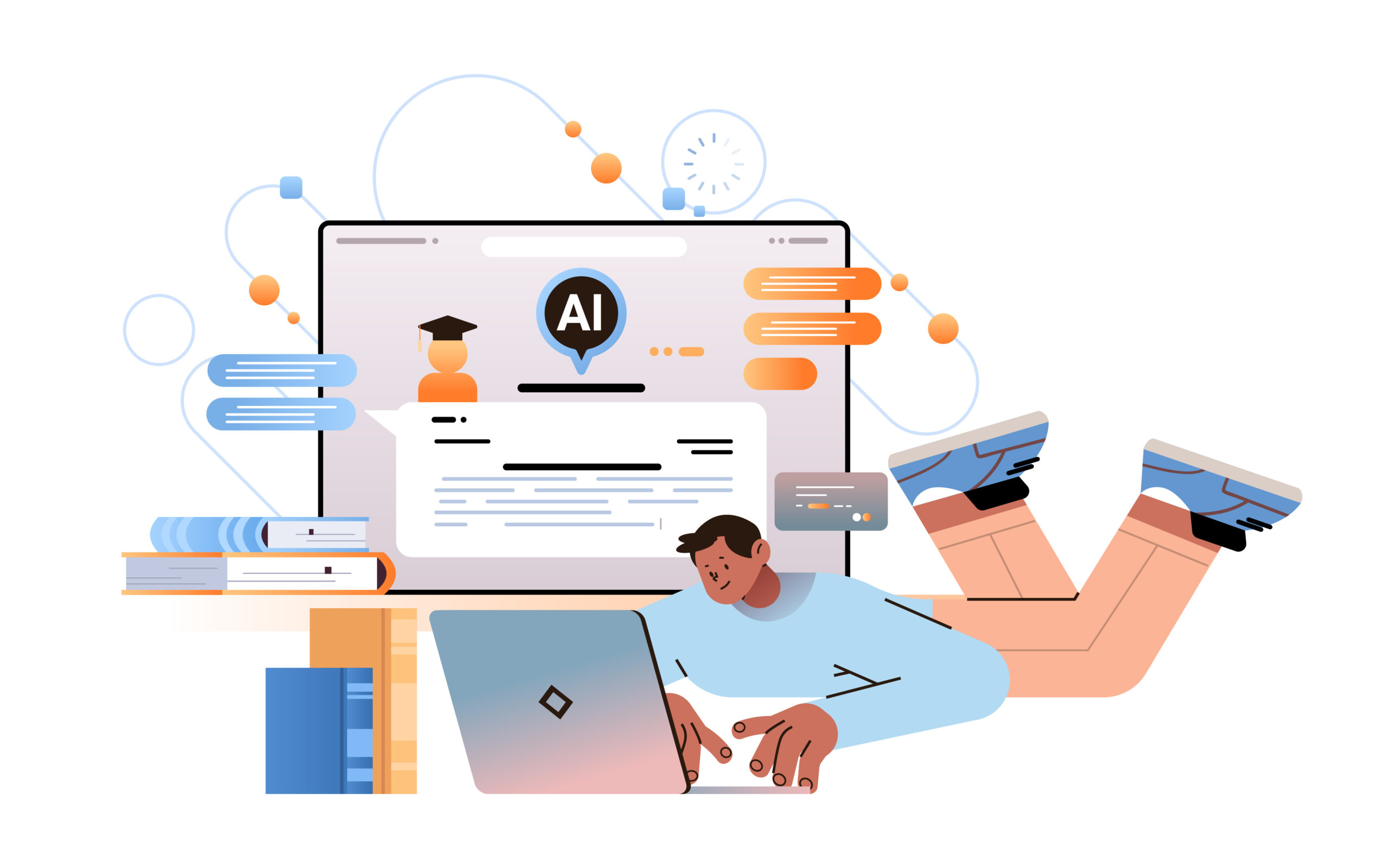 man student typing on laptop with virtual ai assistant writing assistance education concept horizontal