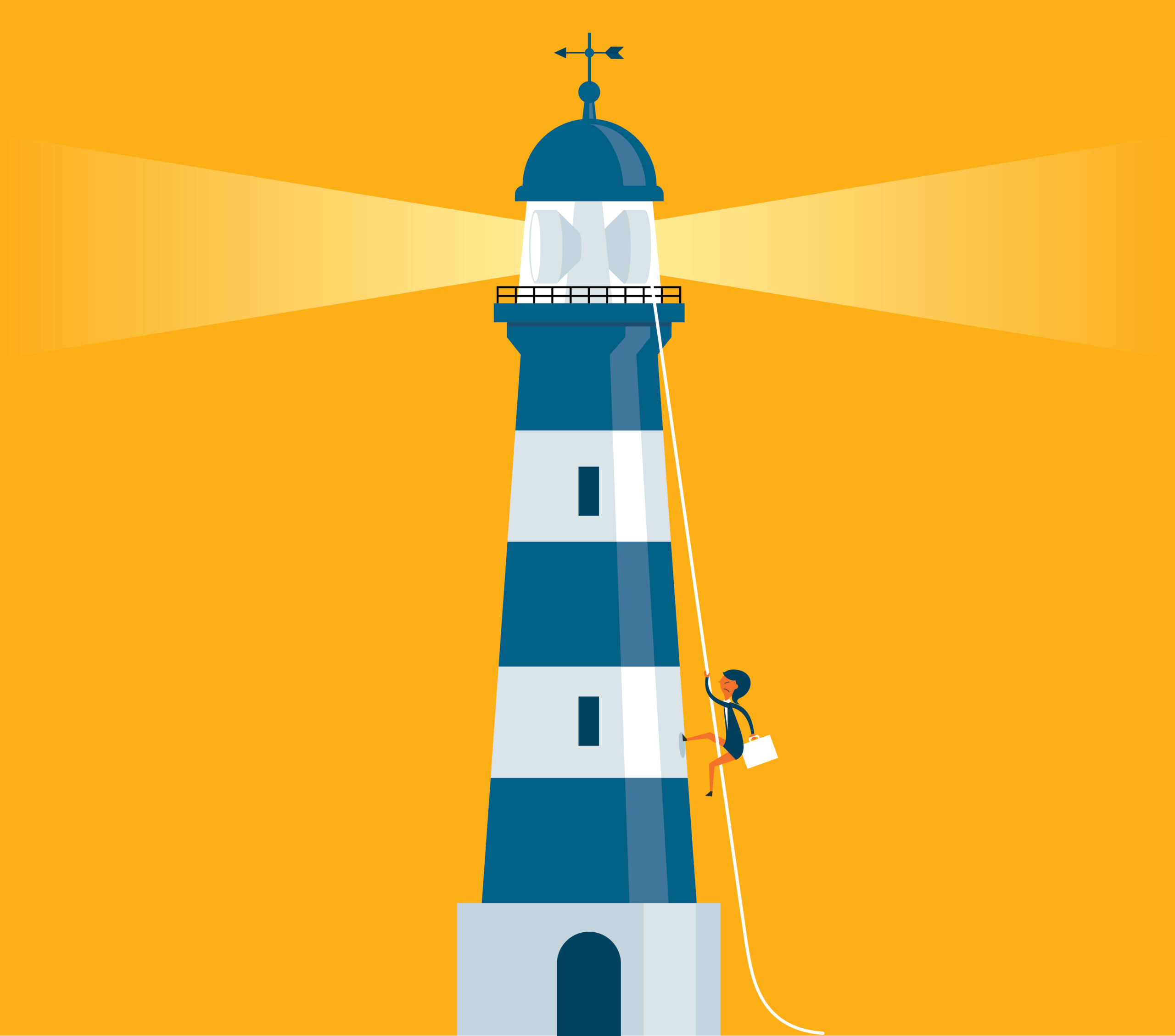 Businesswoman rope climbing a light house