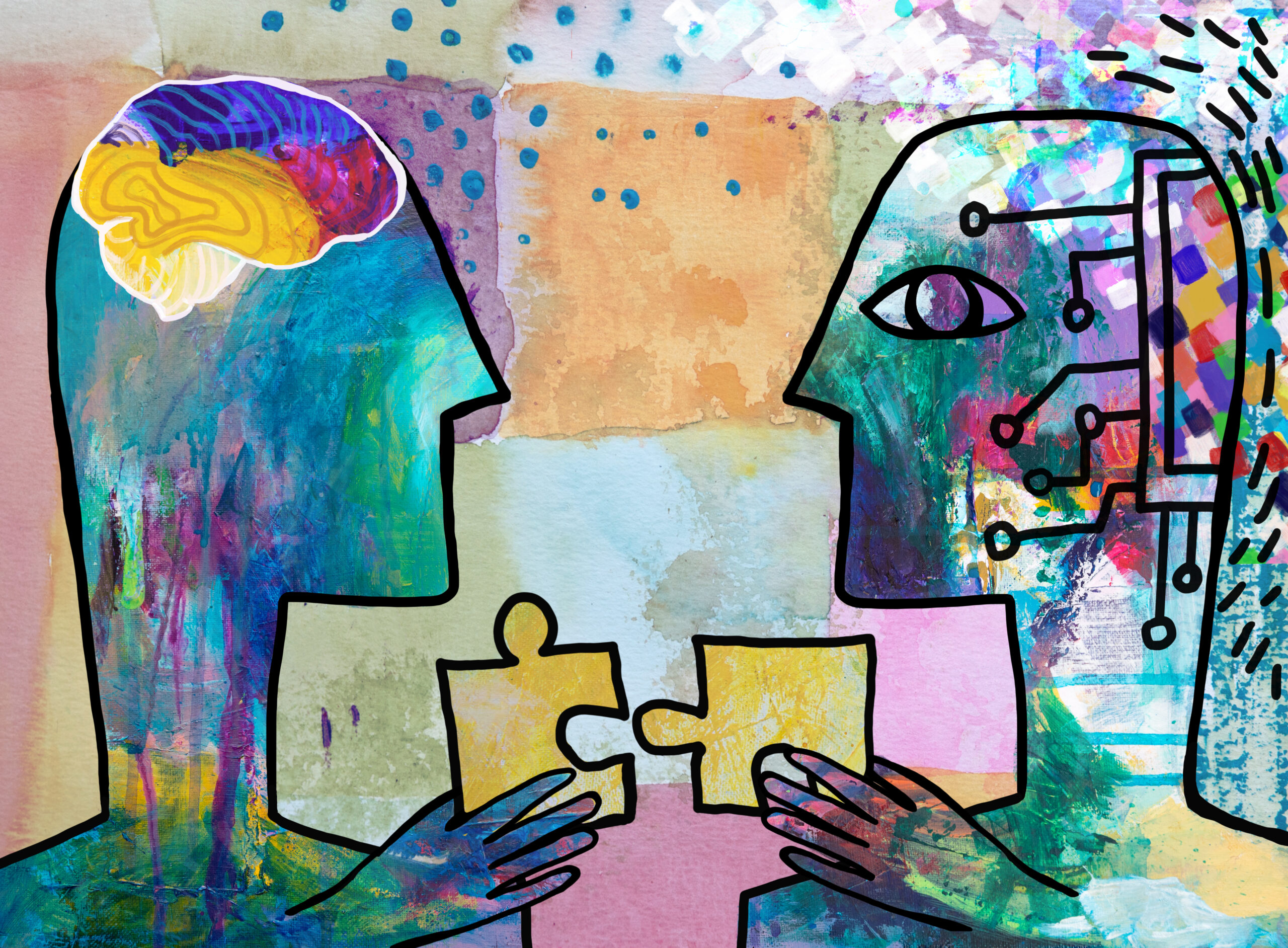 AI Robot and human cooperation connecting puzzle pieces together.