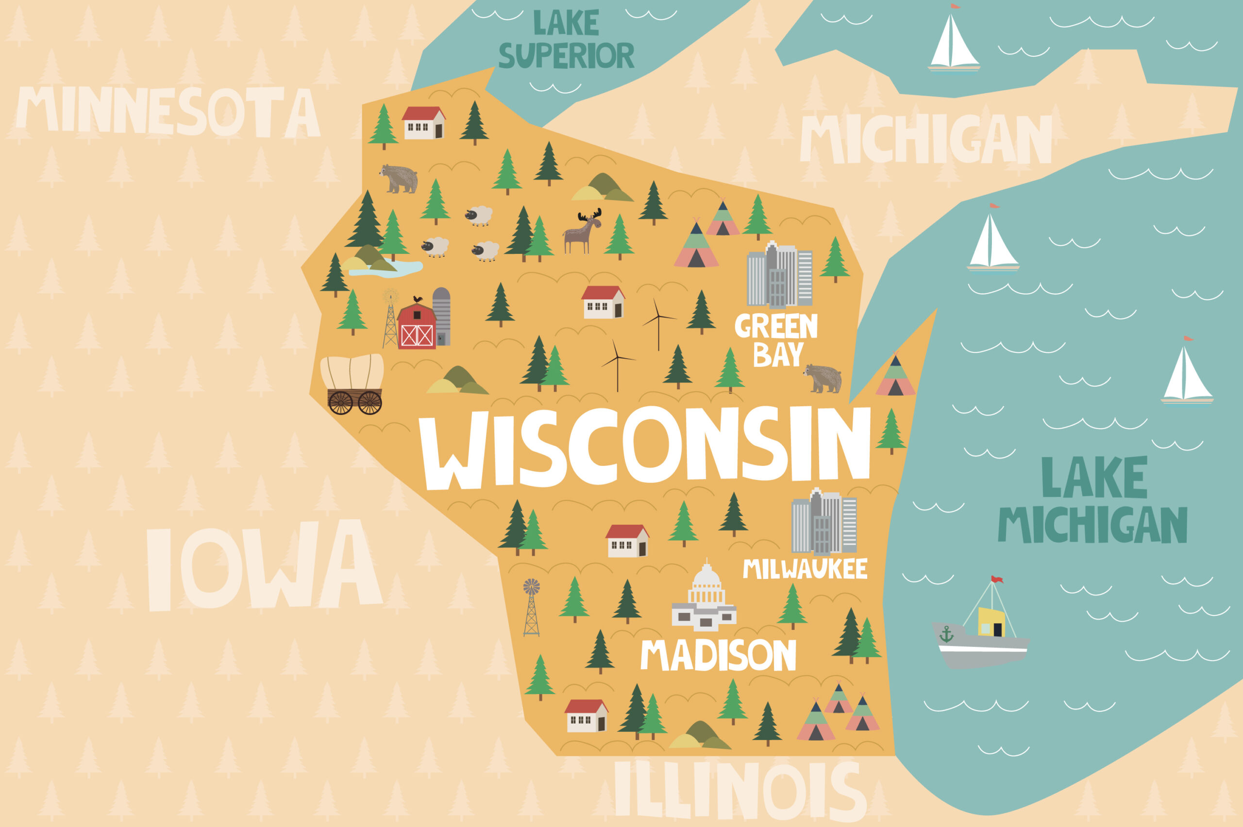 Illustrated map of the state of Wisconsin in United States